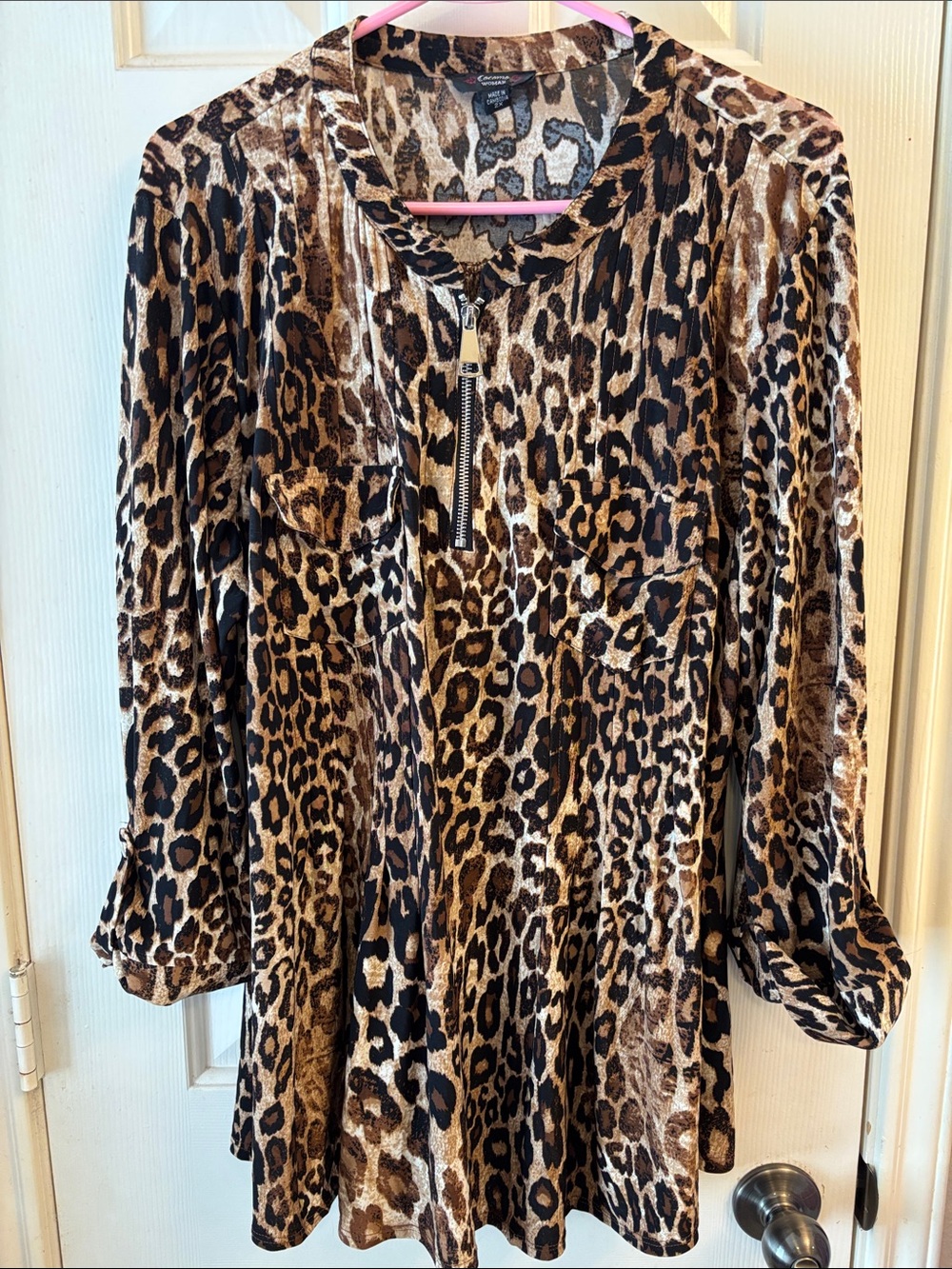 Cocomo Leopard-Print Zip Front Tunic in Brown and Black with Pockets